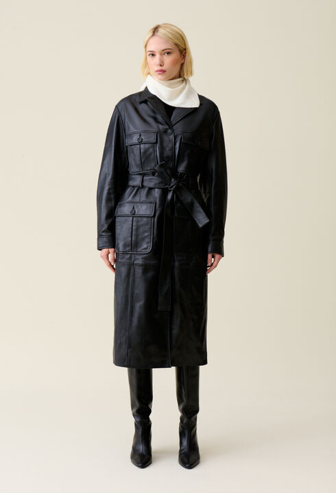 Trench-coat cuir col tailleur