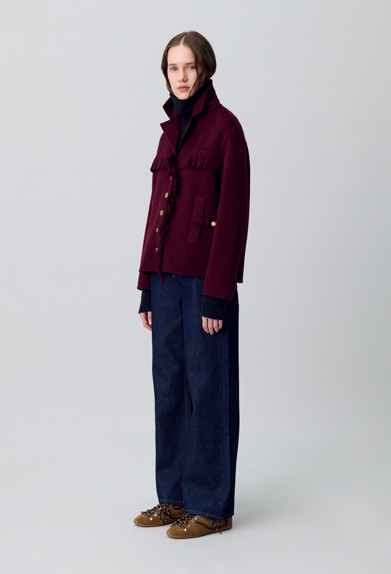 Short Wool Coat with Fringes