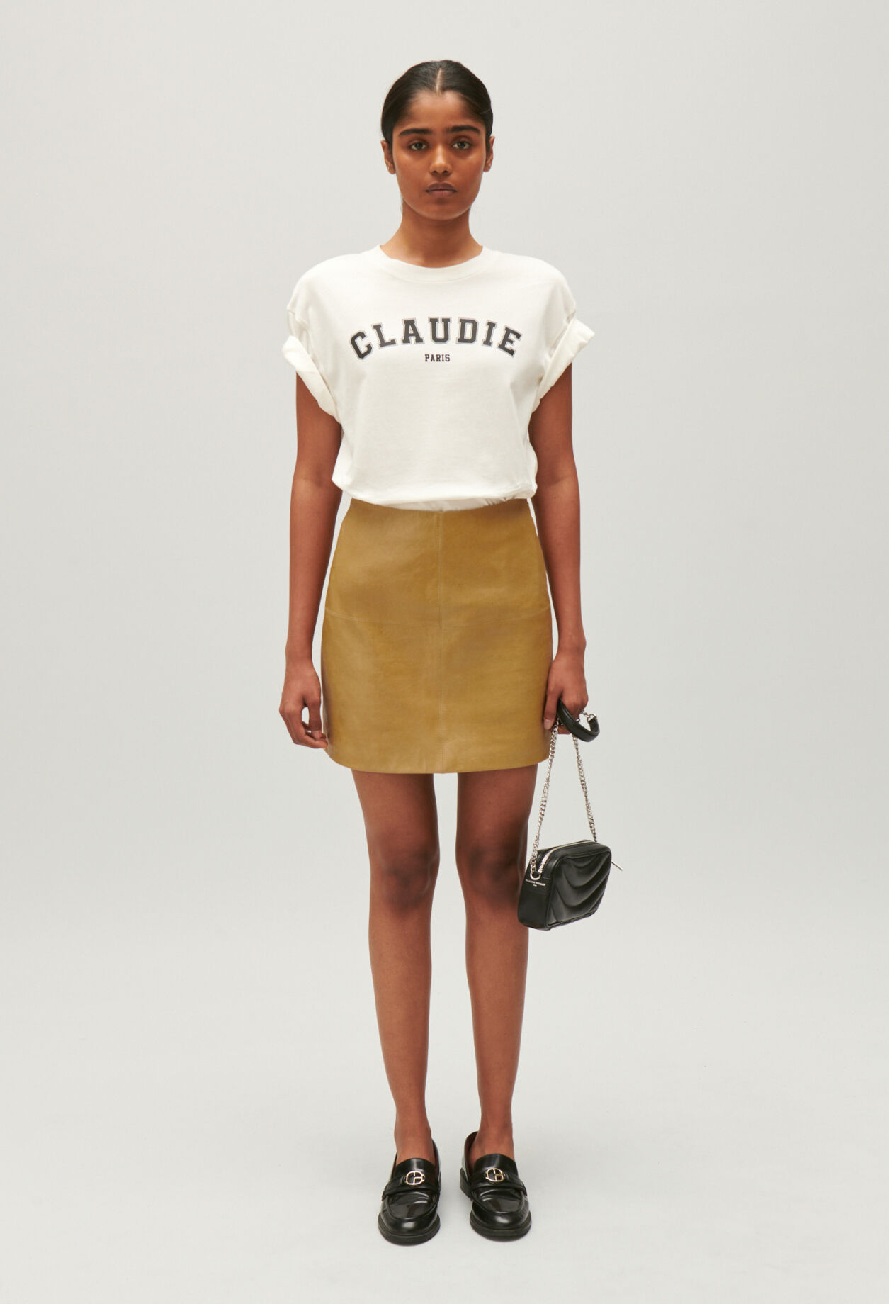 Short ochre yellow leather skirt for women Claudie Pierlot