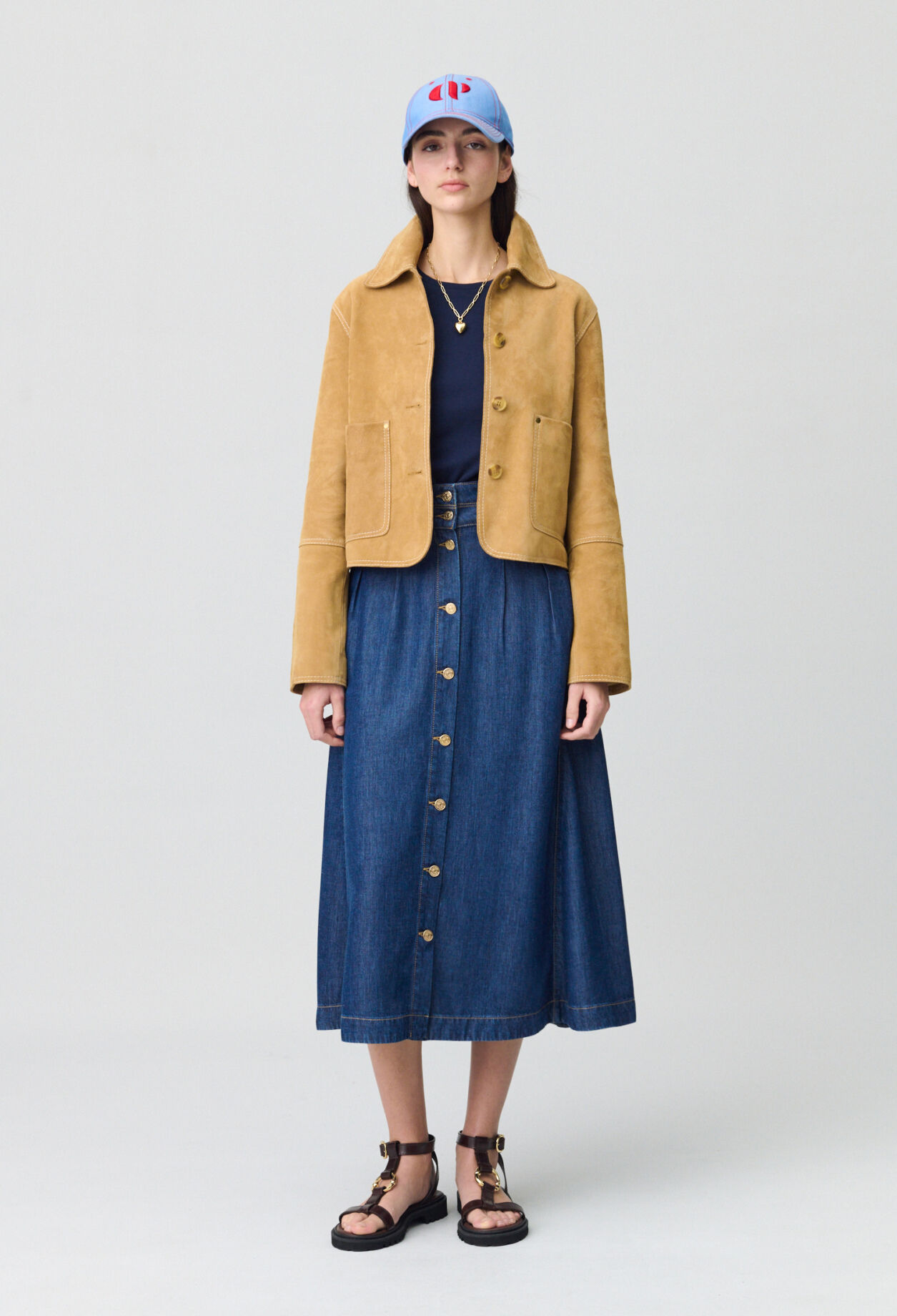 Long Button-Down Denim Skirt