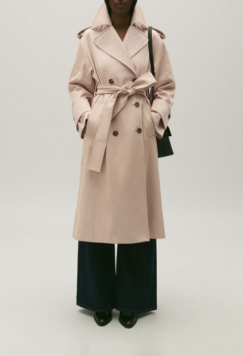 Long beige cotton trench coat 