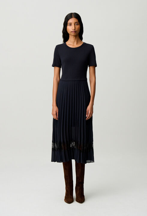 Robe midi bi-mati&egrave;re noire et marine
