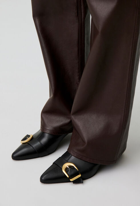 Gold buckle leather ankle boots