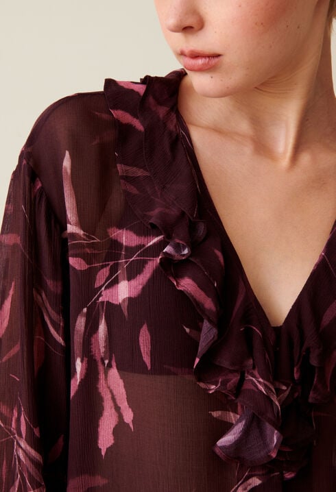 Printed long-sleeved flowing blouse