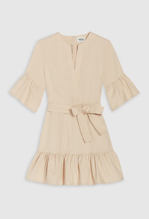 Kurzes Kleid mit Volant-Ärmeln, beige