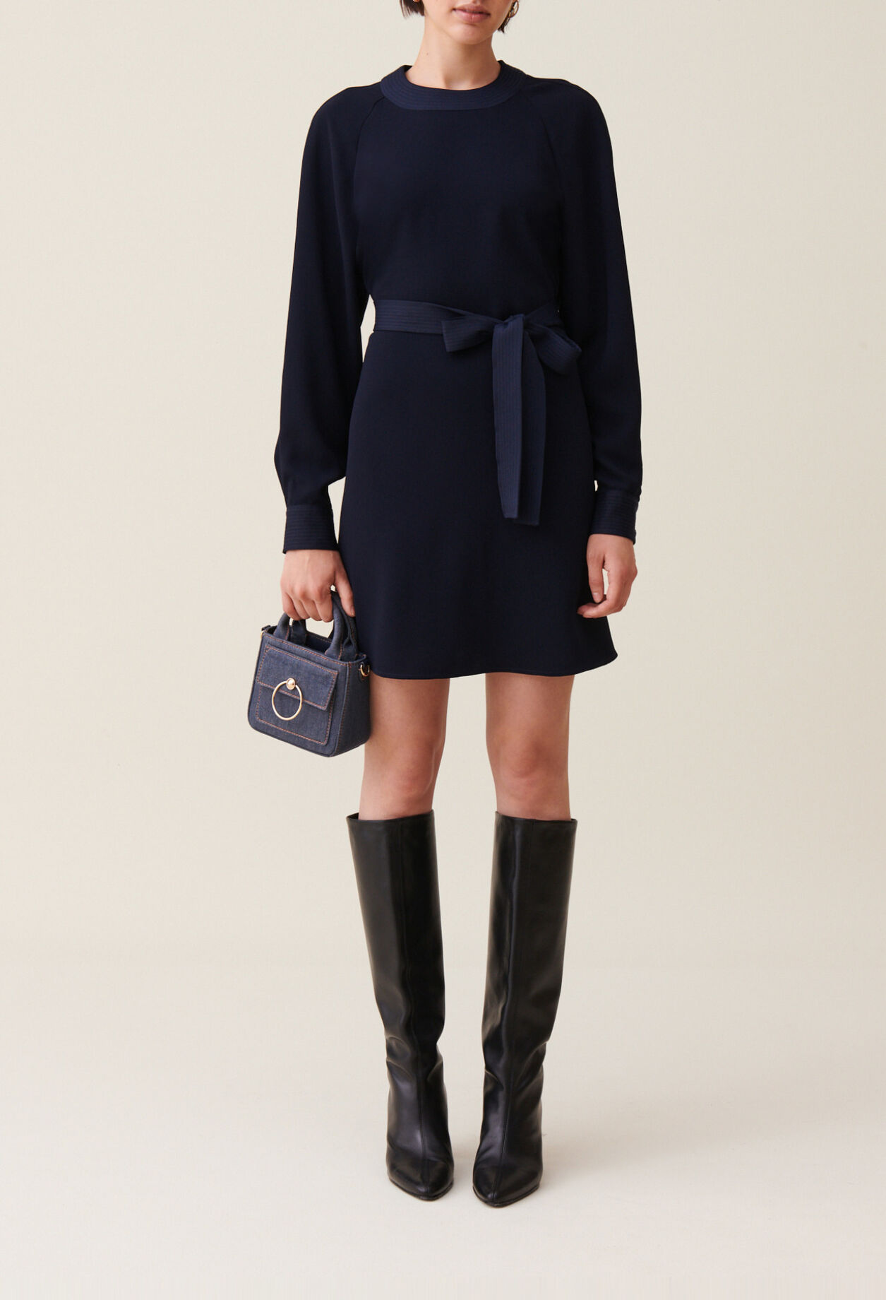 Navy belted babydoll dress
