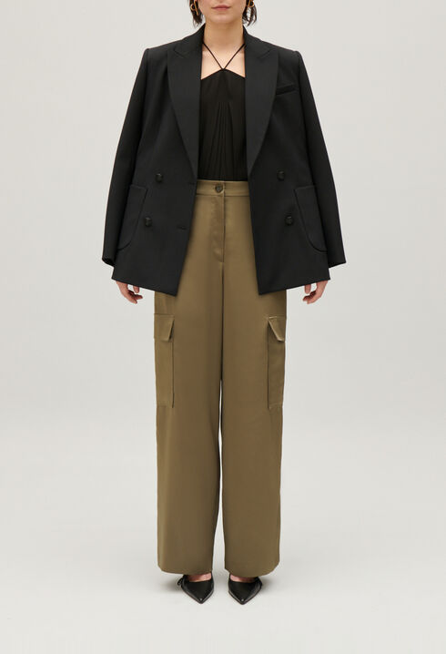 Khaki satin-effect floaty cargo trousers