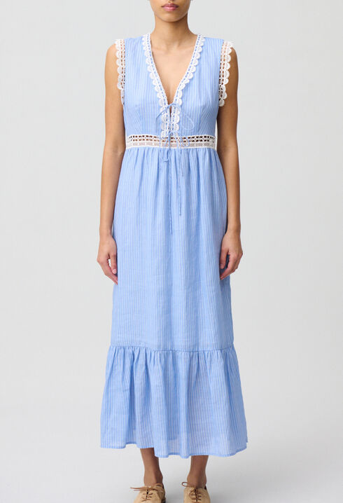 Robe longue ray&eacute;e dentelle