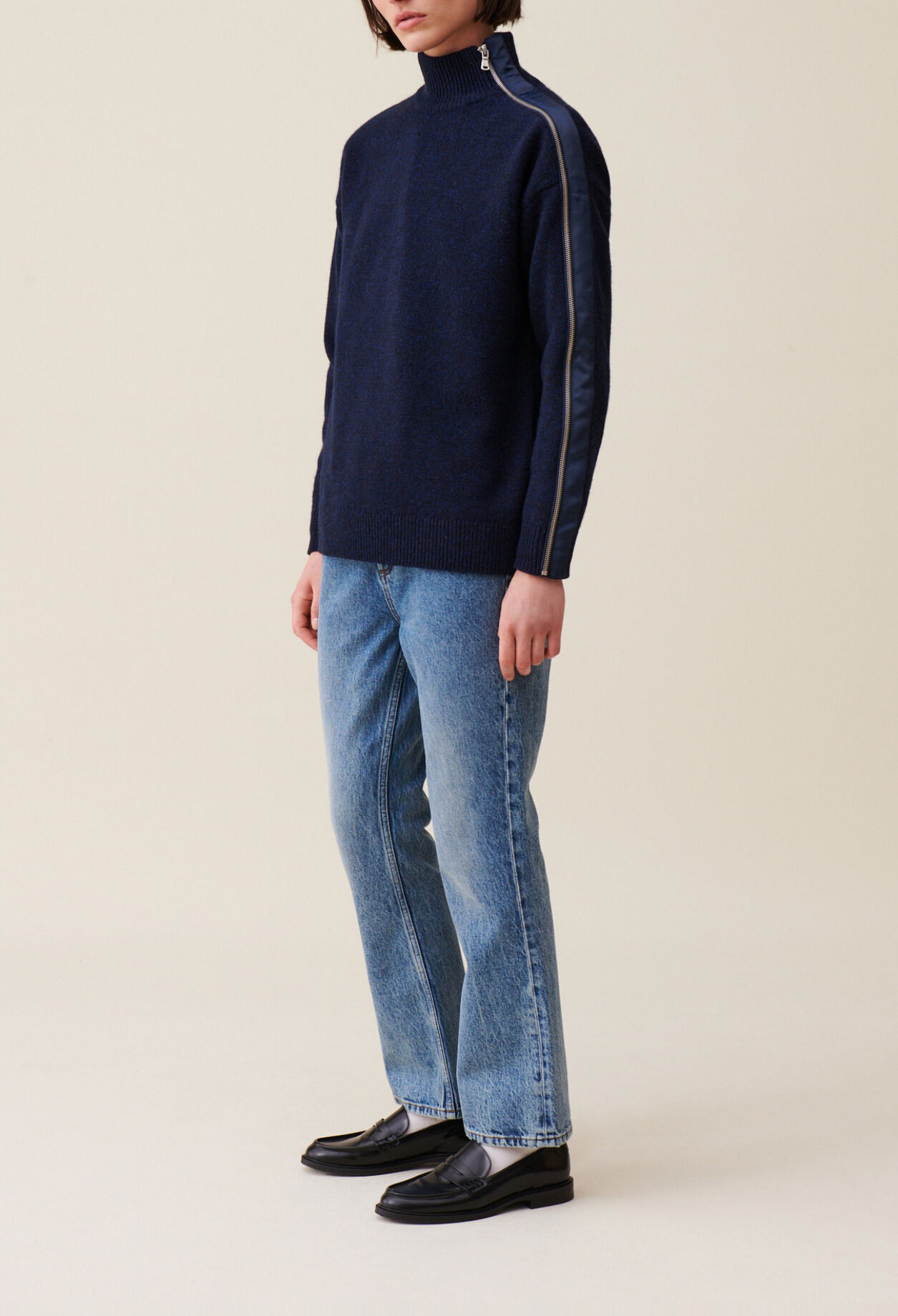 Pull col montant zipp&eacute; bleu marine