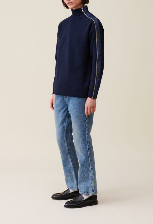 Pull col montant zipp&eacute; bleu marine