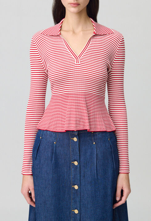 Top maille fine ray&eacute; volants
