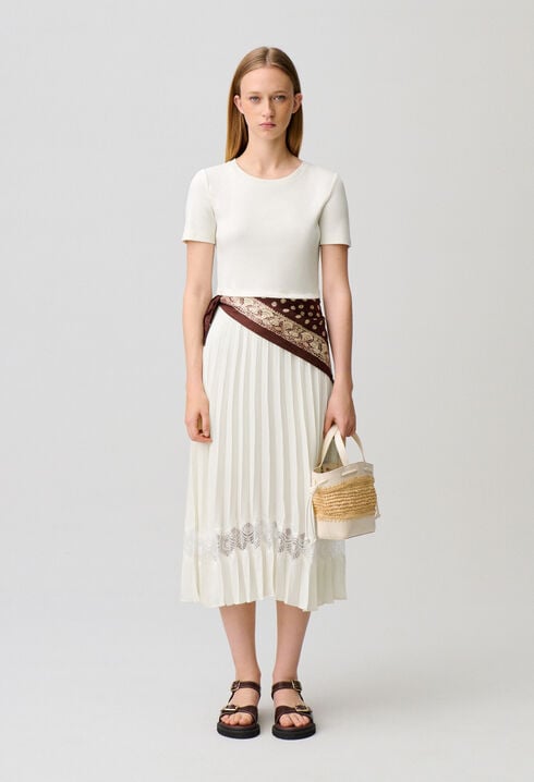 Twist ivory bi-material midi dress