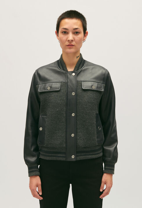 Dual-material leather and knitted jacket