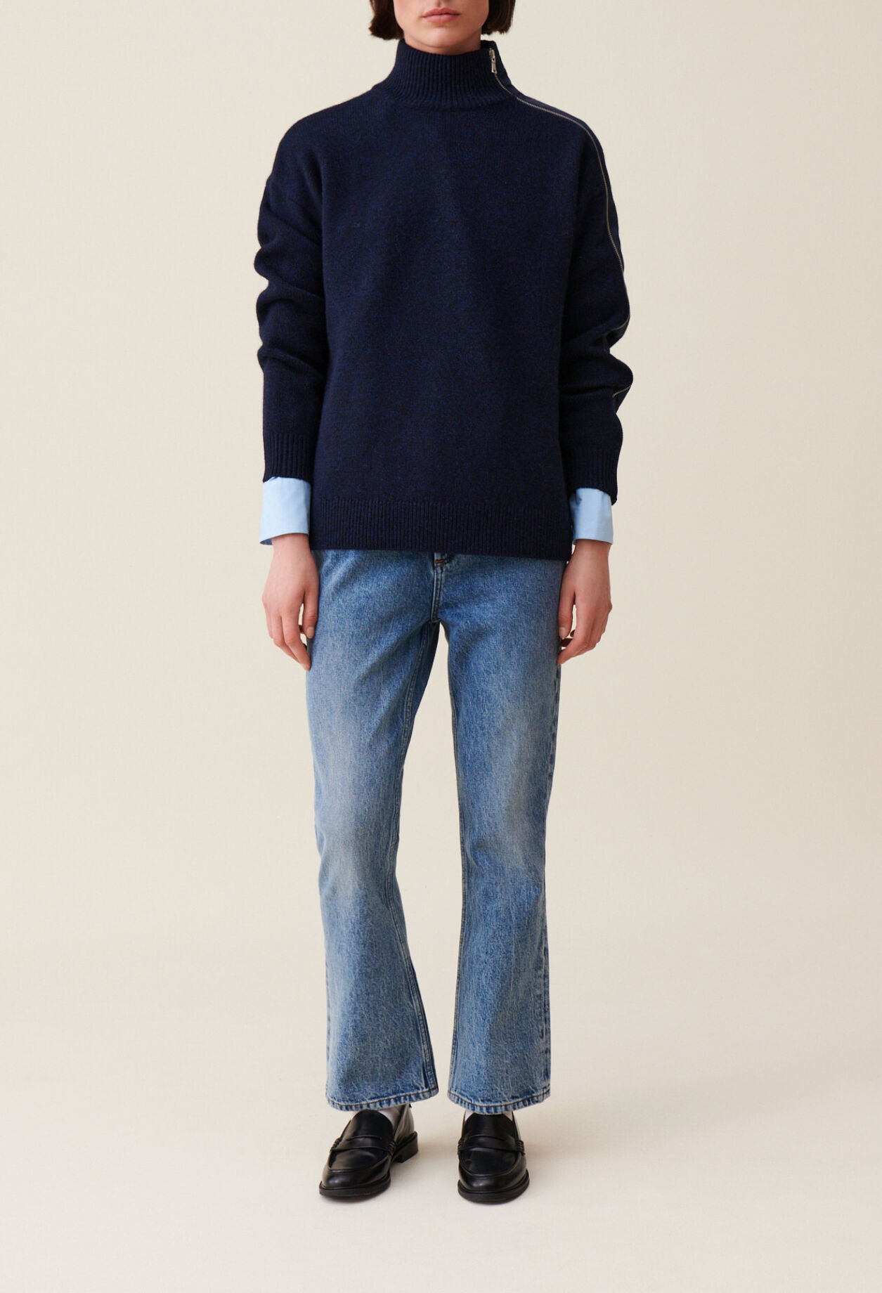 Pull col montant zipp&eacute; bleu marine