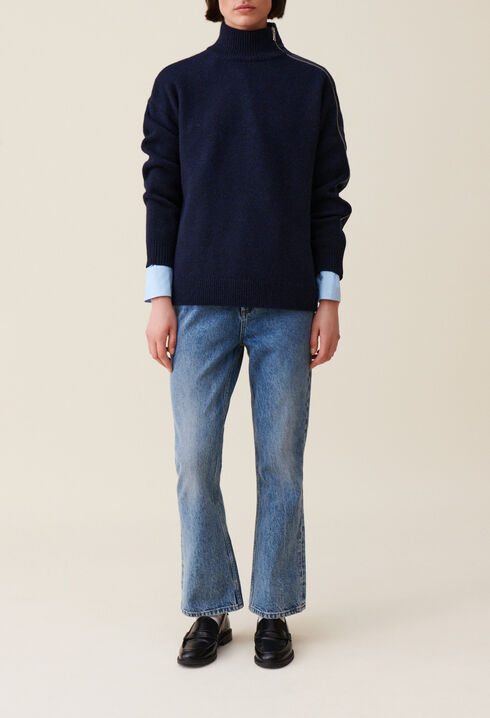 Pull col montant zipp&eacute; bleu marine