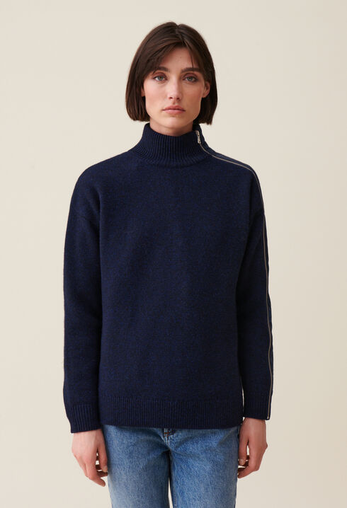 Pull col montant zippé bleu marine