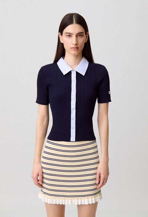 Striped bi-material cardigan