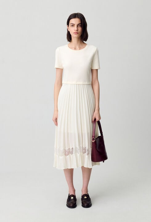 Twist ivory bi-material midi dress 