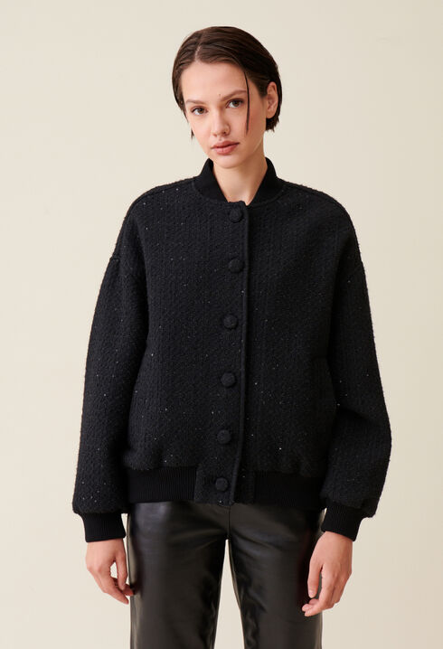 Schwarze Tweed-Bomberjacke