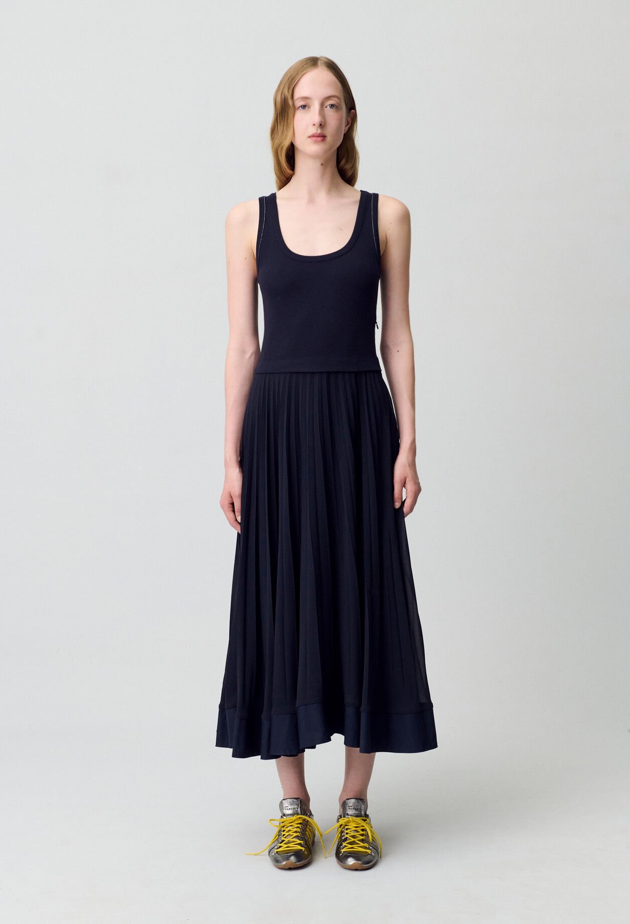 Robe longue plissée marine
