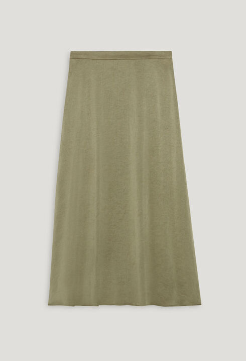 Satiny khaki mid-length skirt