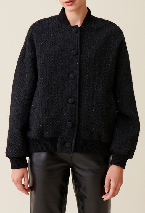 Schwarze Tweed-Bomberjacke