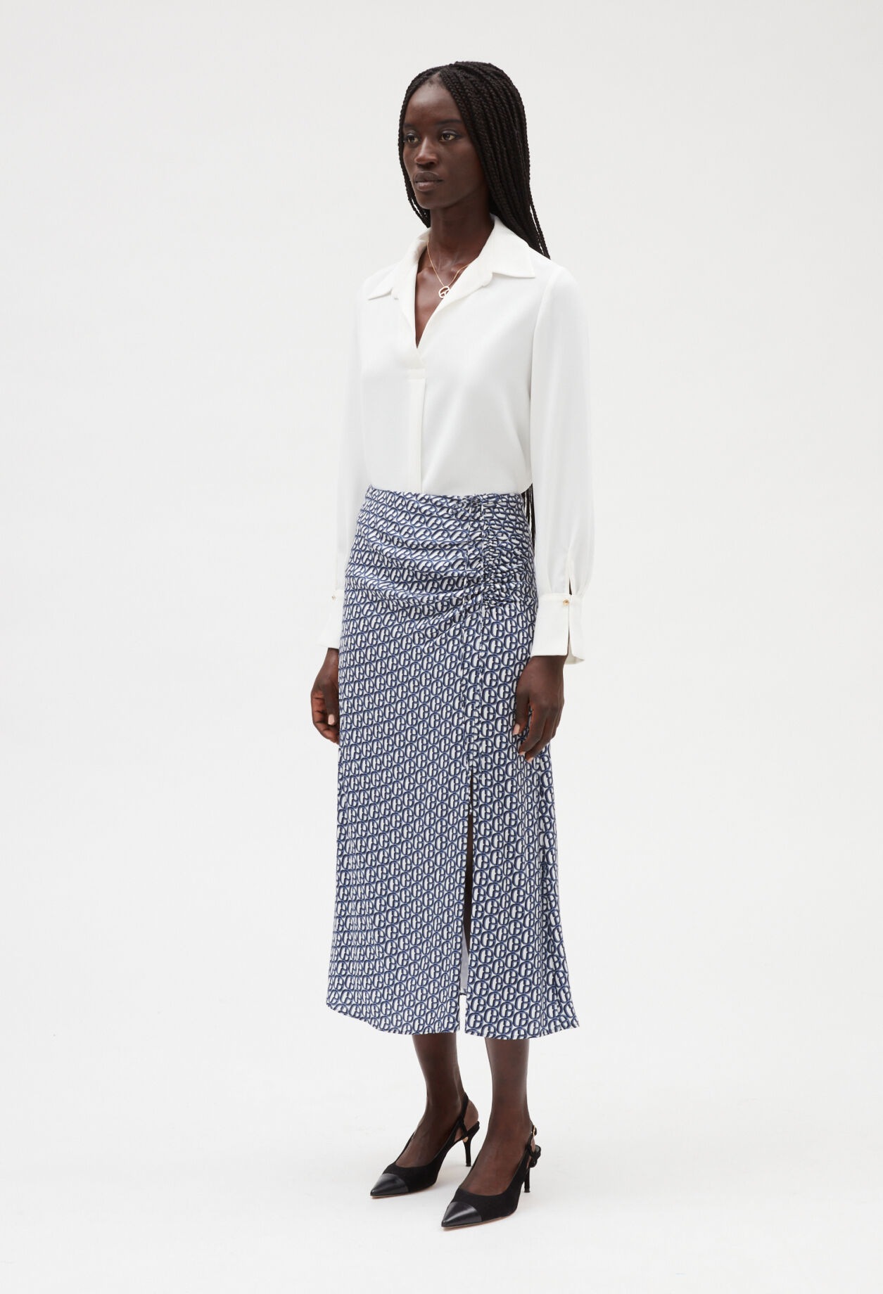 Jupe mi-longue monogramme bleue