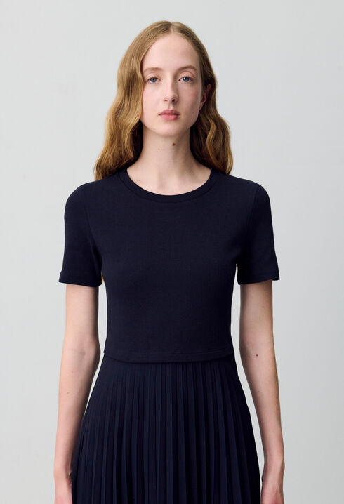 Robe midi bi-matière noire et marine 
