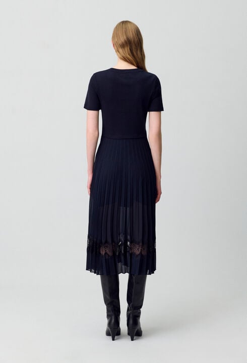 Robe midi bi-matière noire et marine 