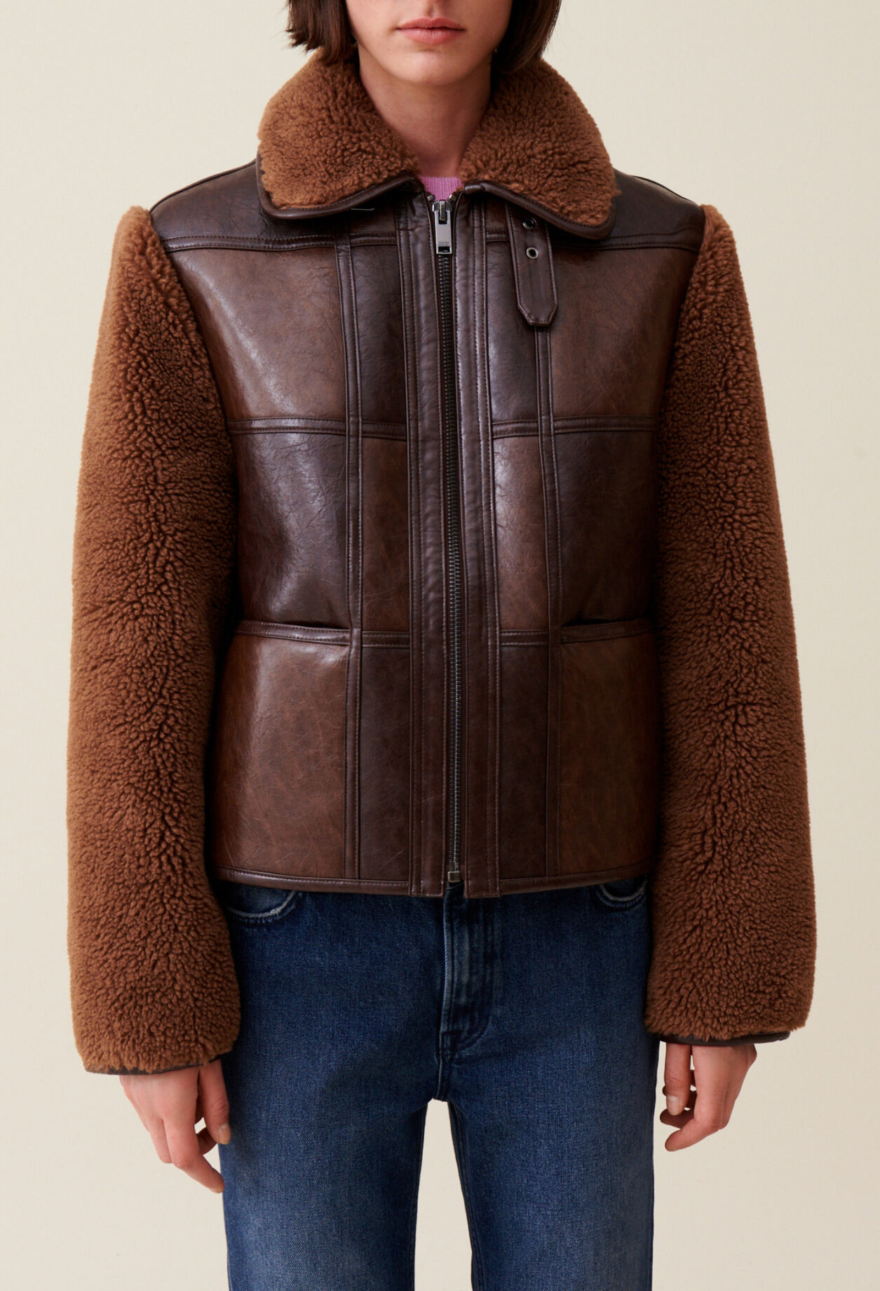 Short two-tone mixed fabric jacket
