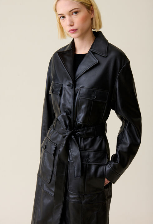Trench-coat cuir col tailleur