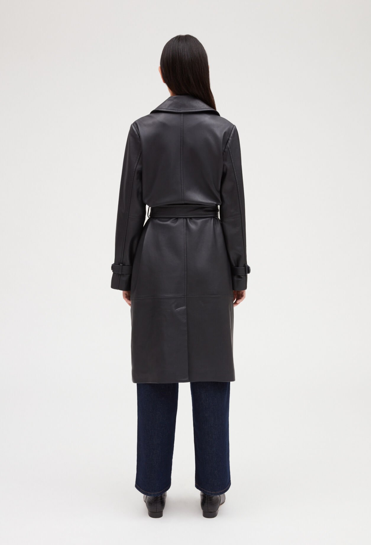 Smooth leather navy trench coat