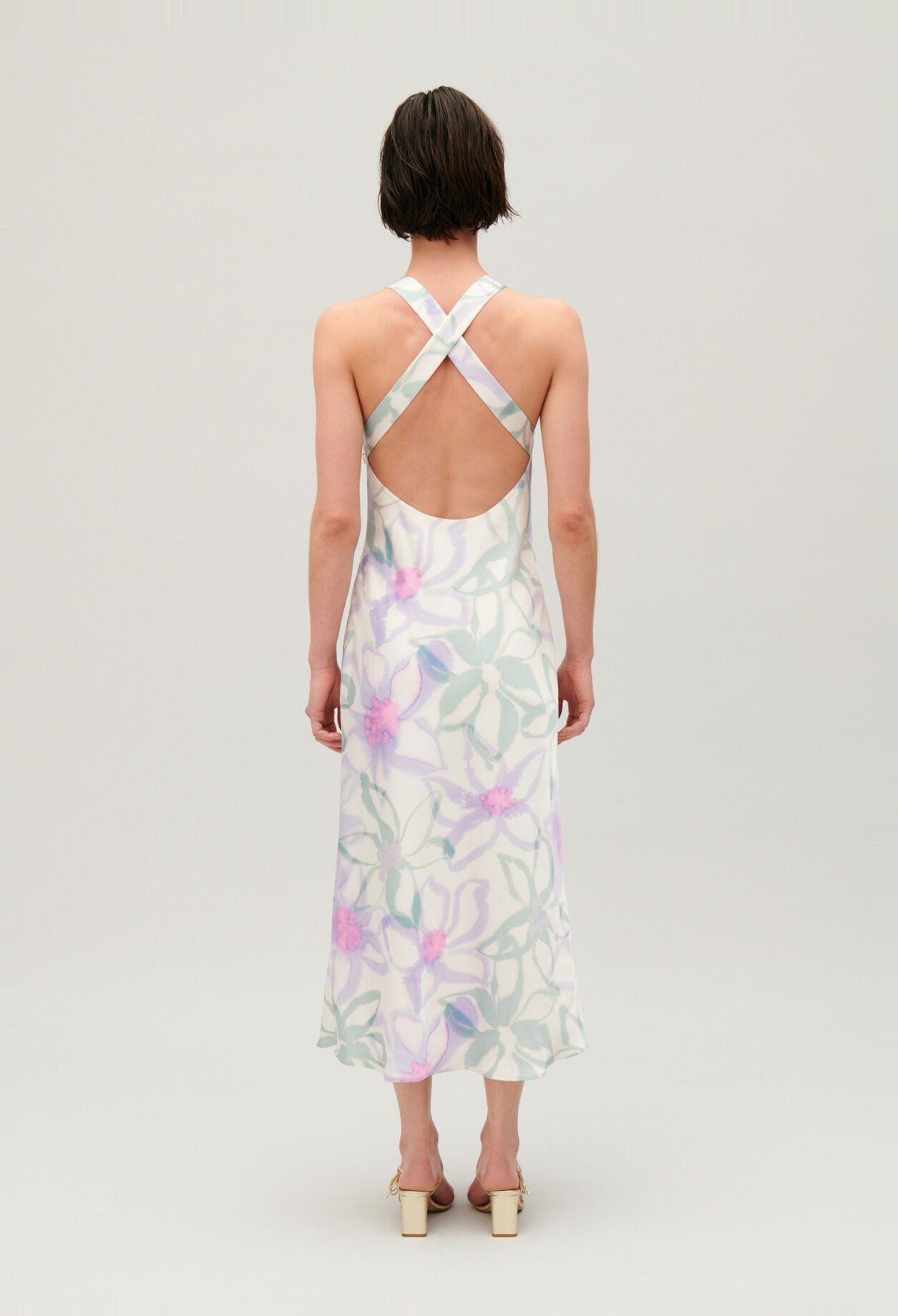 Long printed satin-effect dress