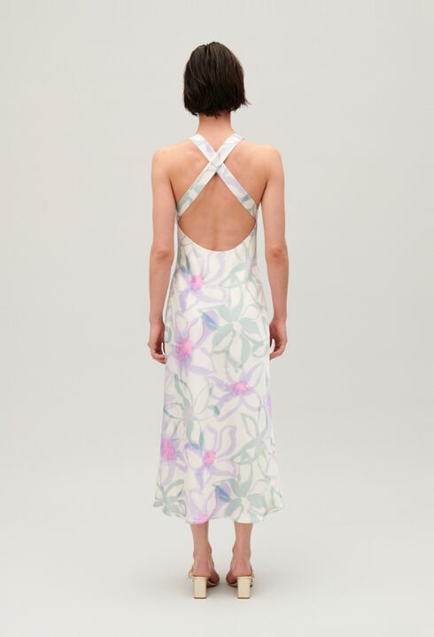 Langes, satiniertes Kleid mit Printmotiv