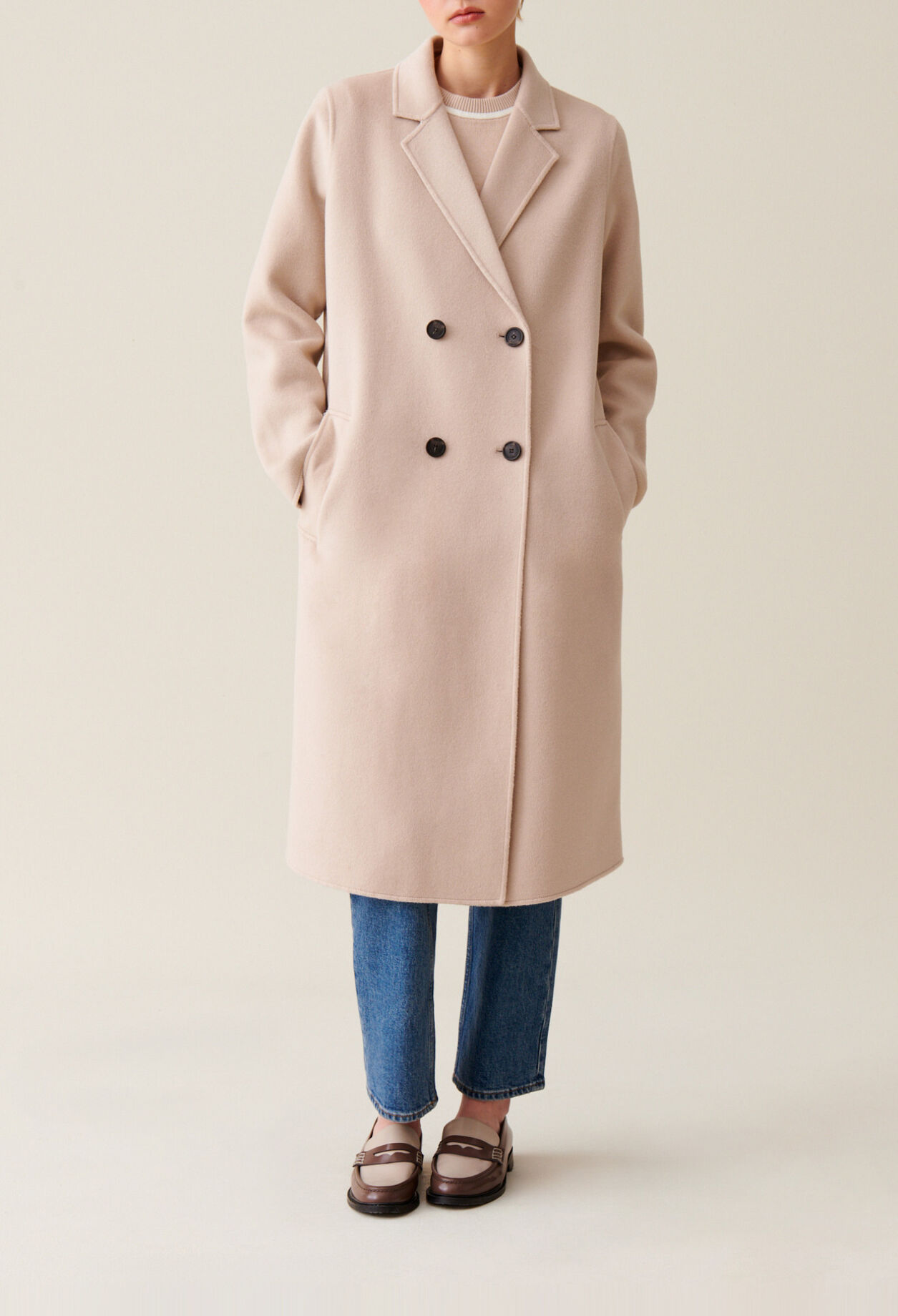 Mid-length beige wool blend coat 