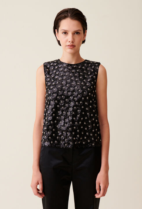 Top noir sequins brodés dos ouvert