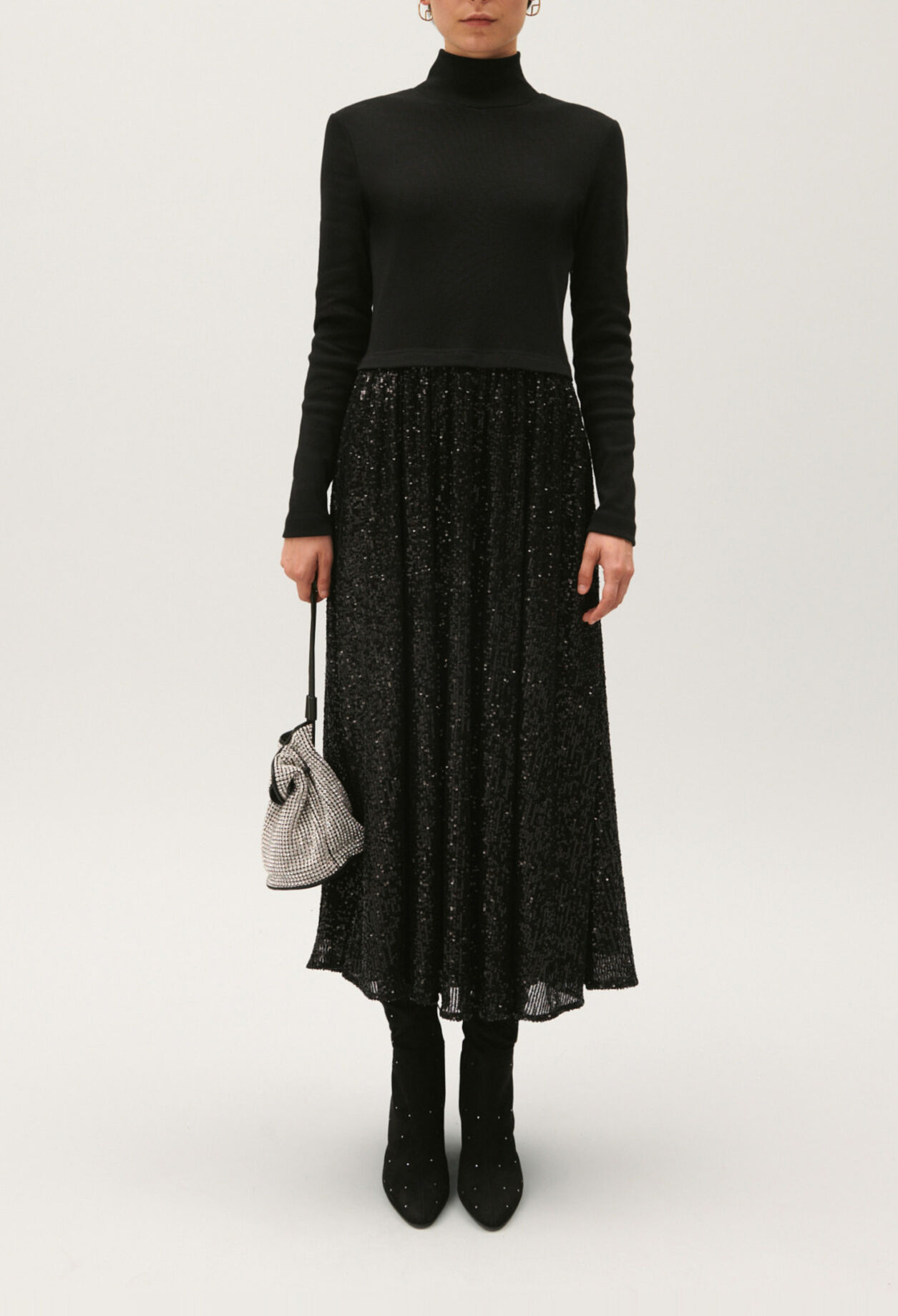Black dual-fabric dress with sequins