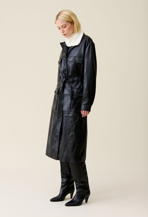 Trench-coat cuir col tailleur