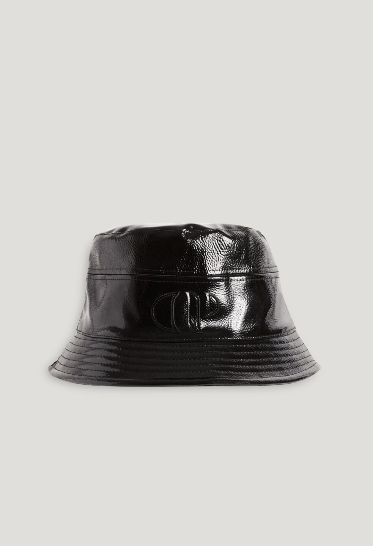 Black patent bucket hat
