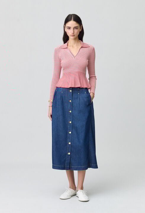 Striped frilled fine knit top