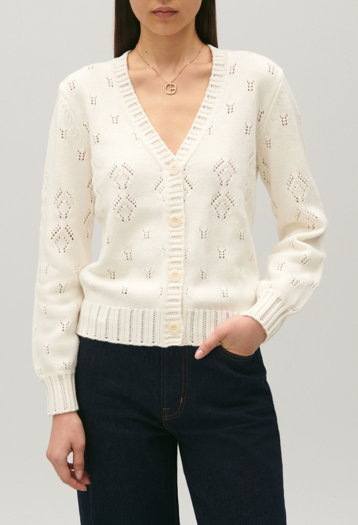 Ecru openwork knitted cardigan