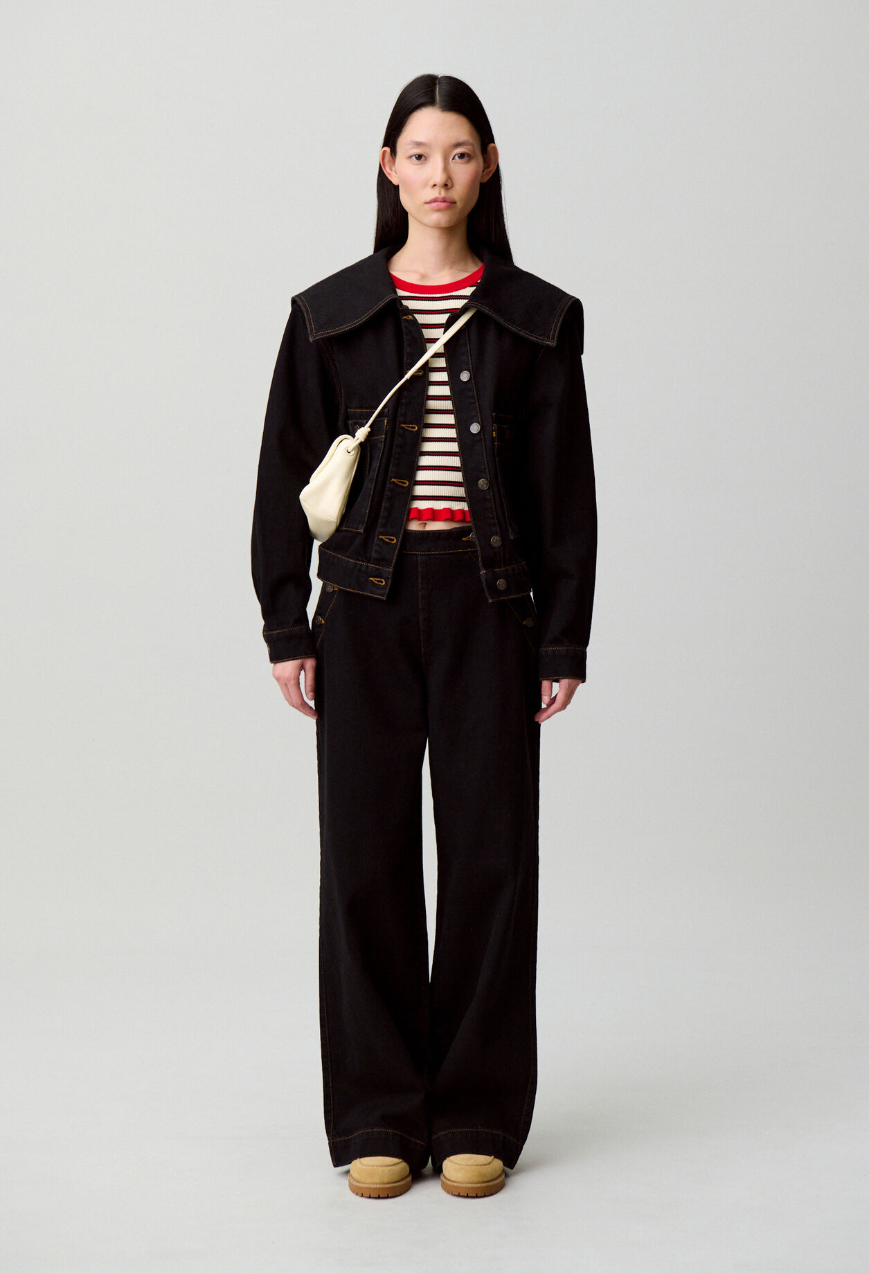 Veste jean col vareuse denim noir