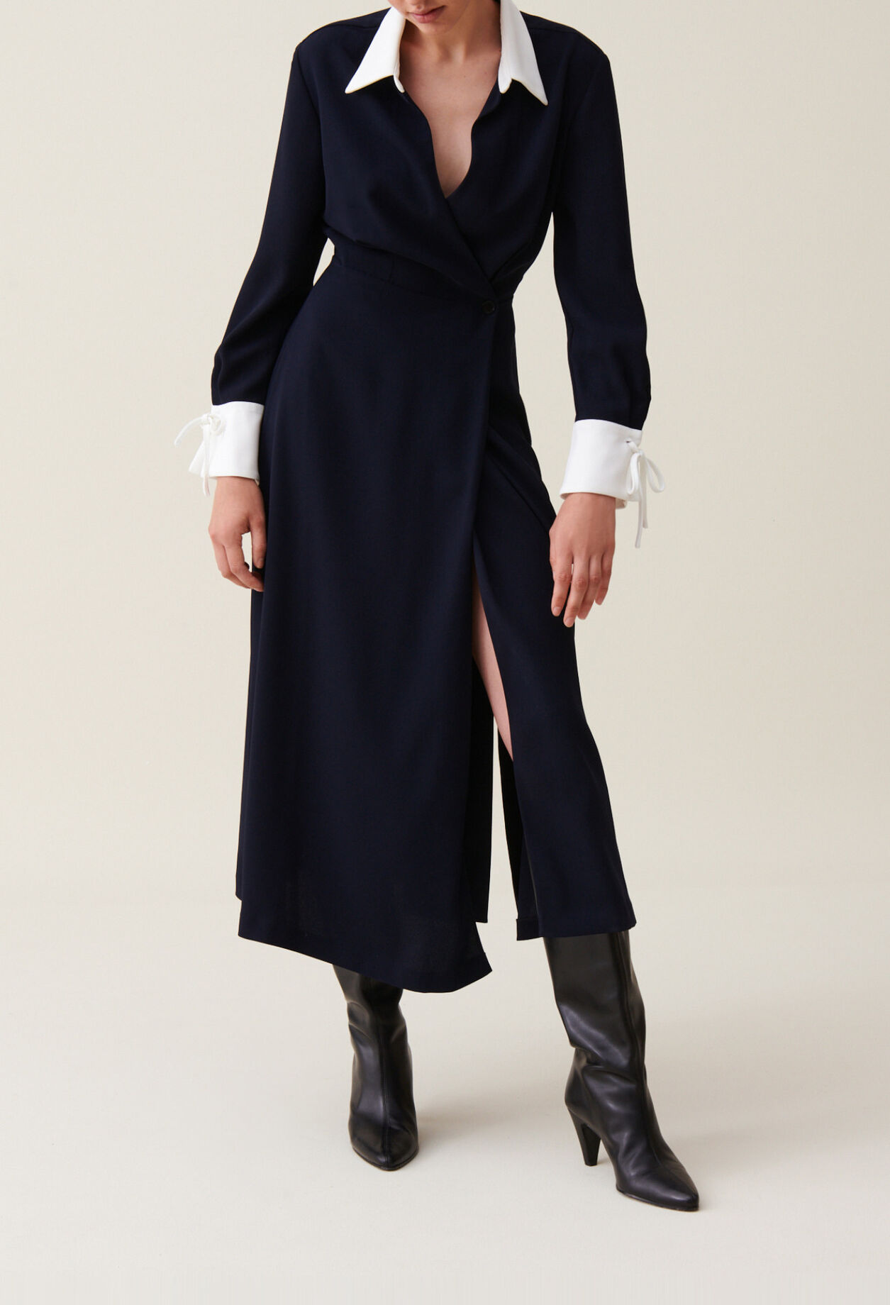 Navy wrap fluid maxi dress