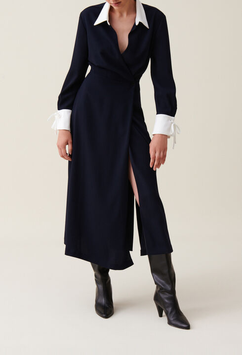 Navy wrap fluid maxi dress