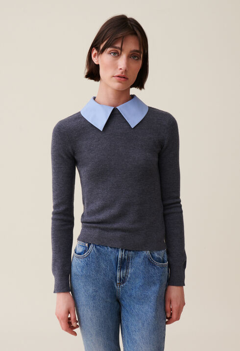Pull laine col chemise amovible