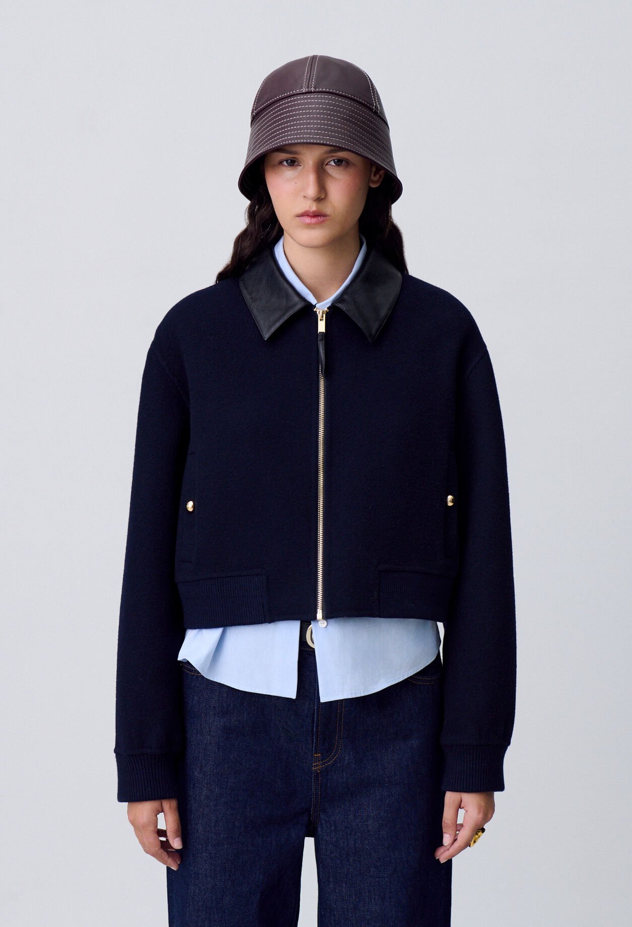 Jacke aus Wolle Kunstlederkragen