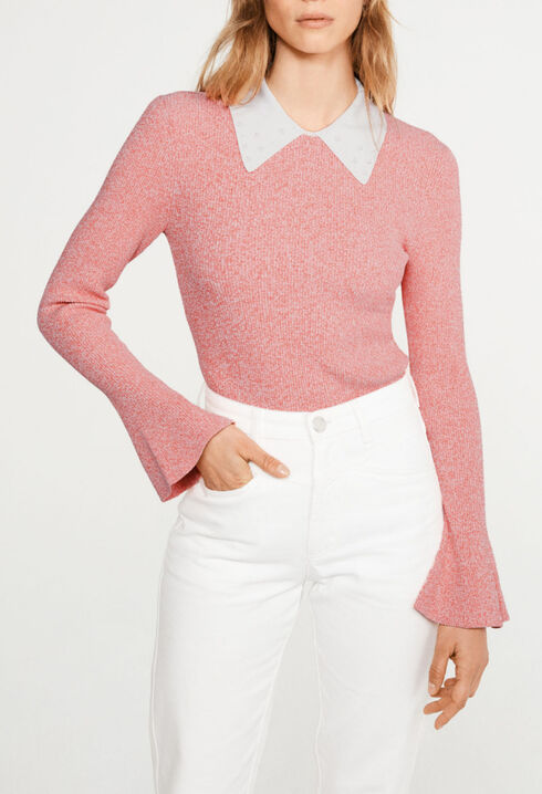 Pull chiné rose col blanc