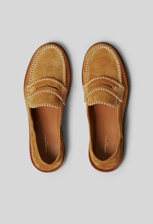 Mules suède monogramme doré