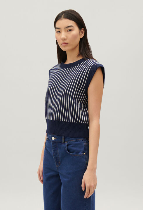 Pull sans manches maille rayée