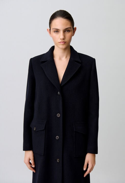 Manteau long laine col fausse fourrure